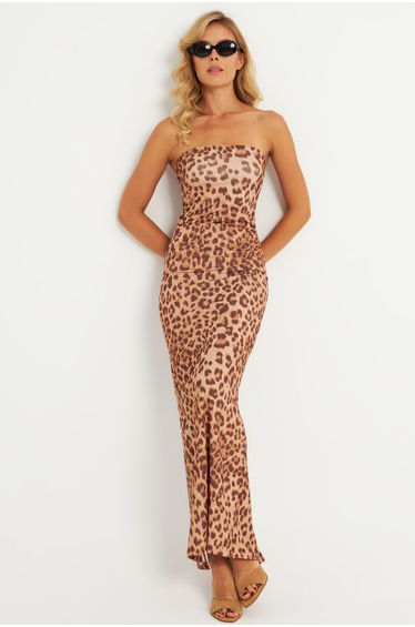 Women's Camel Leopard Print Maxi Strapless Dress