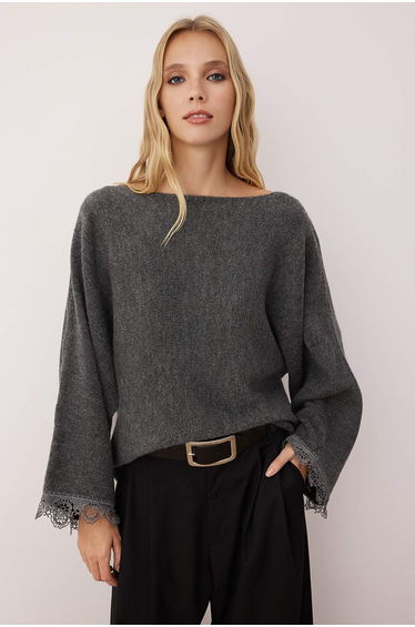 Anthracite Lace Garnished Soft Texture Knitwear Sweater