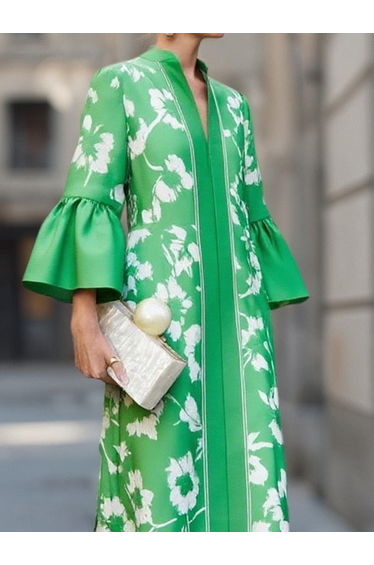 Flared Sleeves Loose Flower Print Pleated Split-Side V-Neck Maxi Dresses product thumbnail 2