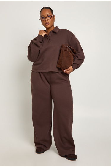 Plus Button Down Wide Leg Joggers - chocolate