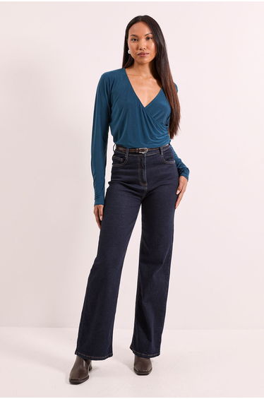 Teal Wrap Ruched Side Long Sleeve Jersey Top