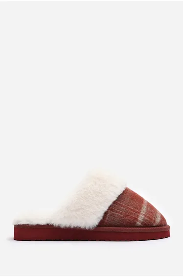 Inaya Red Tartan Mule Slippers with Faux Fur Trim