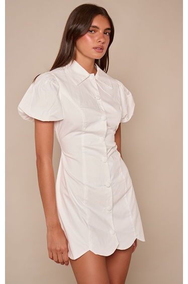 White Button Down Puff Sleeve Mini Dress