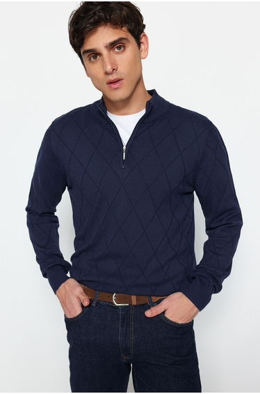 Navy Blue Men's Slim Fit Half Turtleneck Zipper Collar Cotton Smart Knitwear Sweater