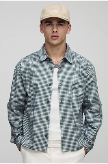 قميص بوهو مان قطن أخضر بطبعة كاروهات بأكمام طويلة