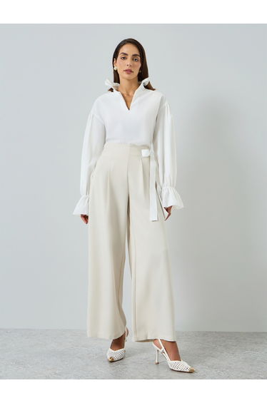 Women White Ruffle Trim Long Trim Top
