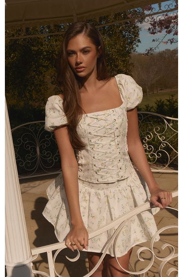 White Ditsy Floral Printed Cotton Corset