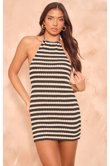Monochrome Textured Stripe Halterneck Bodycon Dress