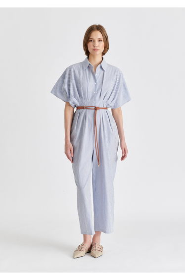 Striped Jumpsuit with Waist Pleats