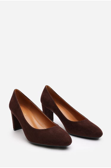 Freya Mid Block Heel with Almond Toe in Dark Brown Suede