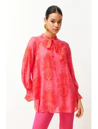 Pink Lined Chiffon Patterned Woven Tunic