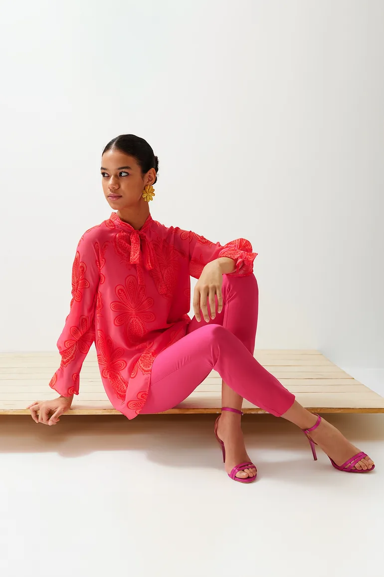 Pink Lined Chiffon Patterned Woven Tunic - 6