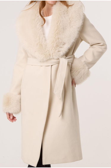 Wrap Front Faux Fur Collar & Cuff Coat