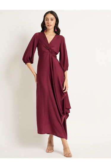 Burgundy Satin Front Twisted Maxi Dress