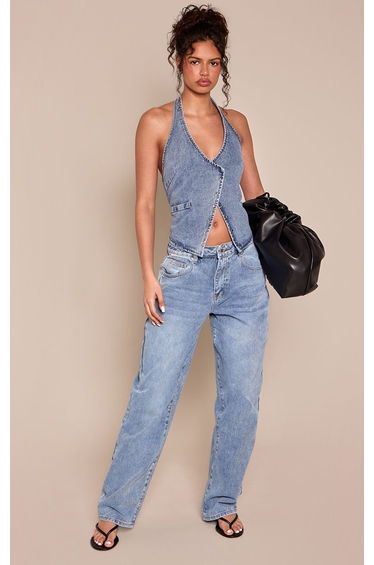 Mid Blue Dipped Back Waistband Boyfriend Jeans