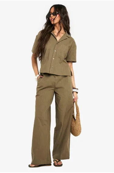 Linen Look Drawstring Wide Leg Trousers - khaki