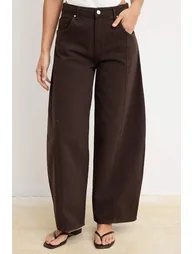 Brown Draped Tencel Blended Stitching Detailed High Waist Baggy Jeans - 2