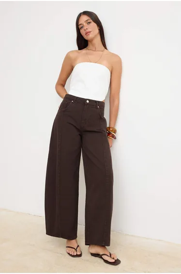 Brown Draped Tencel Blended Stitching Detailed High Waist Baggy Jeans