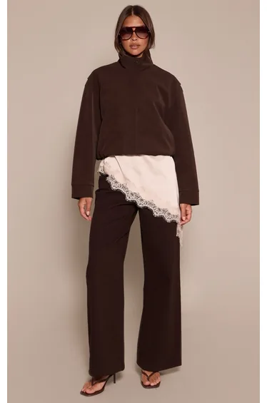 جاكيت جلد صناعي بياقة عالية - بني