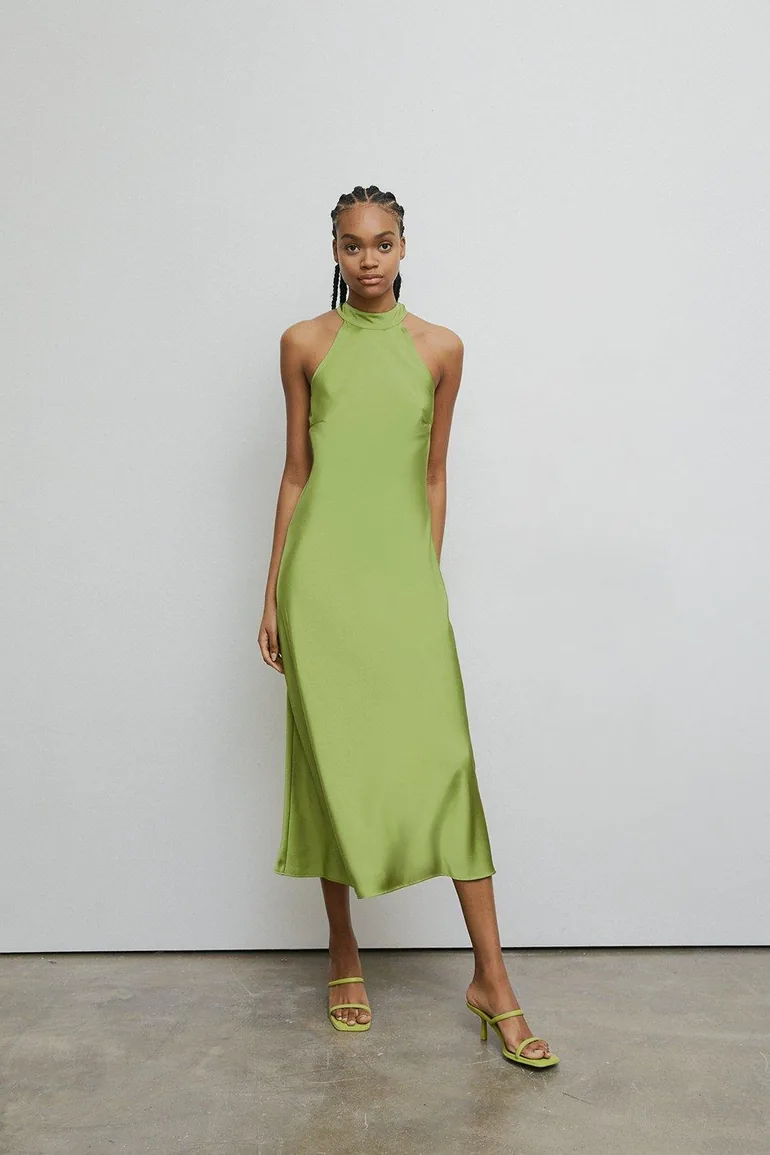 satin halter neck backless slip dress Women's Satin Halter Neck Backless Slip Maxi Dress, Grey / S
