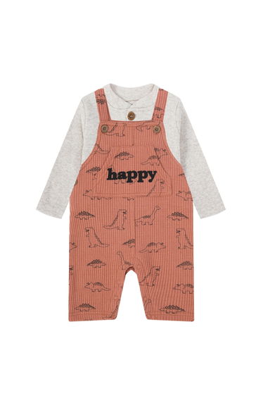 Textured T-Shirt and Dino Print Ribbed Dungaree Set