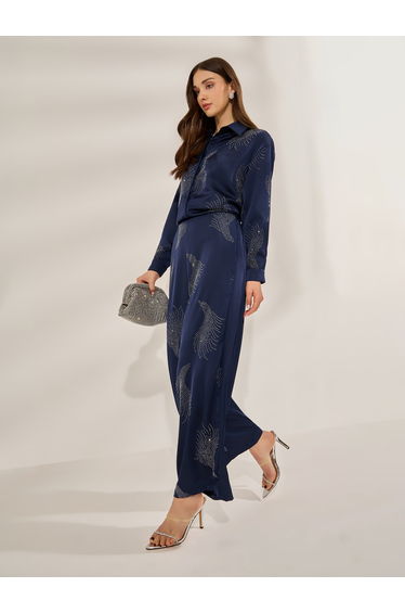 Navy Blue Embellished Wide Leg Trousers