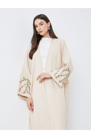 Beige Open Front Embroidered Sleeve Abaya