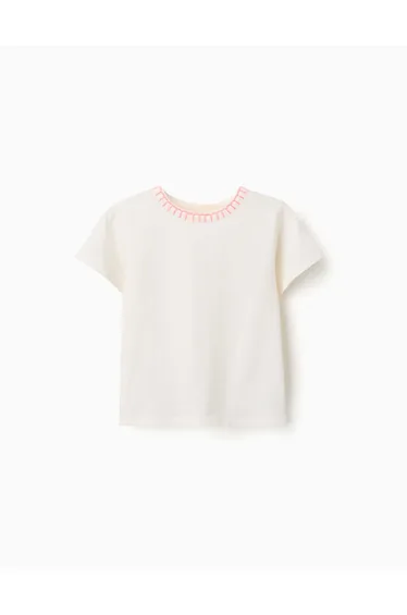 Cotton T-shirt With Embroidered Collar For Girls, Light Beige/pink