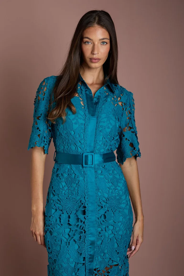 Lace Shirt Dress With Short Sleeves - 1