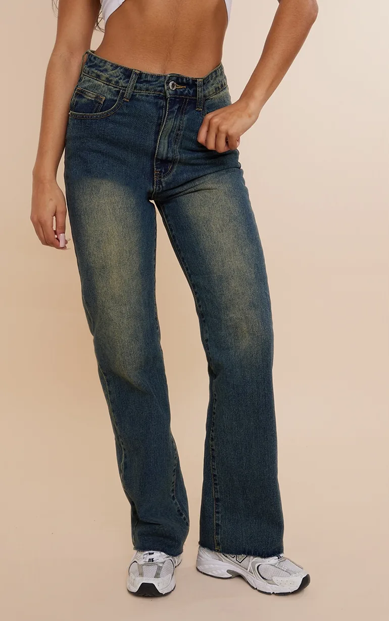 Indigo Vintage Wash Frayed Hem Wide Leg Jeans - 1