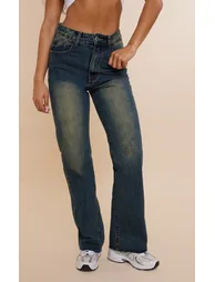 Indigo Vintage Wash Frayed Hem Wide Leg Jeans - 1