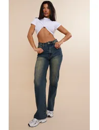 Indigo Vintage Wash Frayed Hem Wide Leg Jeans