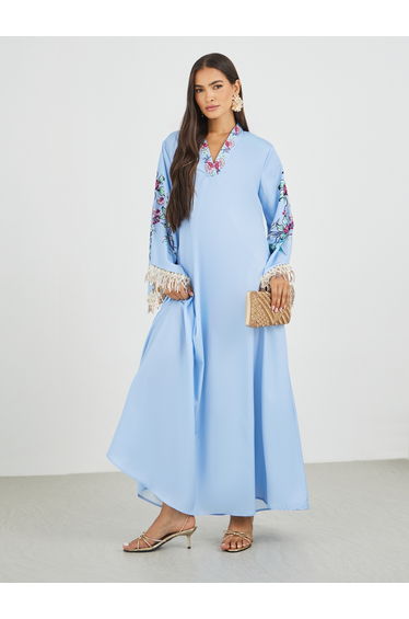 Floral Print Tasselled Long Sleeve A-Line Jalabiya