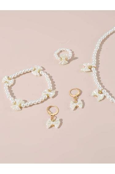 Set of 4 - Bow Pendant Faux Pearl Necklace, Bracelet Earrings and Ring