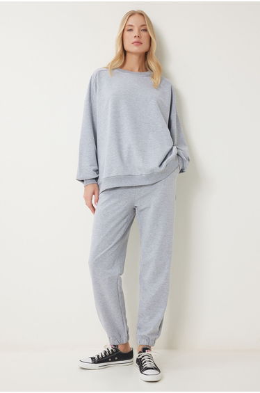 Women's Grey Melange Crew Neck Oversize Knitted Tracksuit