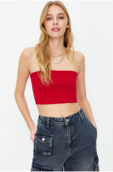 Red Fitted Strapless Collar Crop Stretchy Knitted Blouse