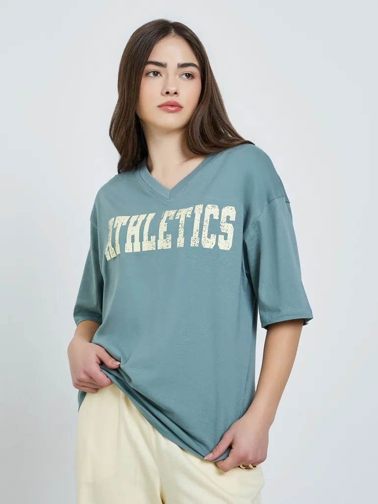 Green Oversized Athletics Print Cotton T-Shirt - 2