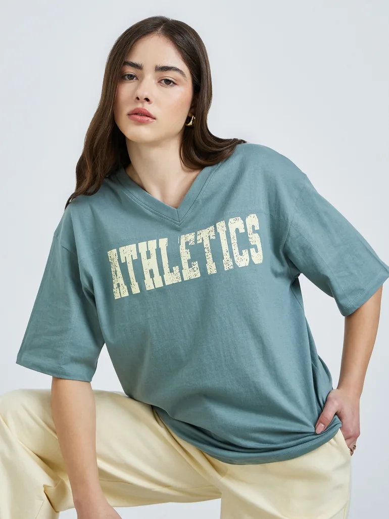 Green Oversized Athletics Print Cotton T-Shirt - 1
