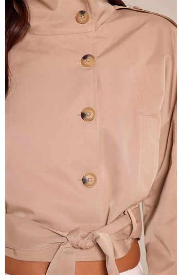 Beige Cropped Funnel Neck Dropped Waist Trench product thumbnail 4