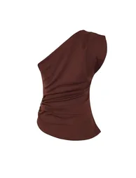 Brown Straight Boat Neck Sleeveless Knitted Scuba Crepe Party Blouse - 6