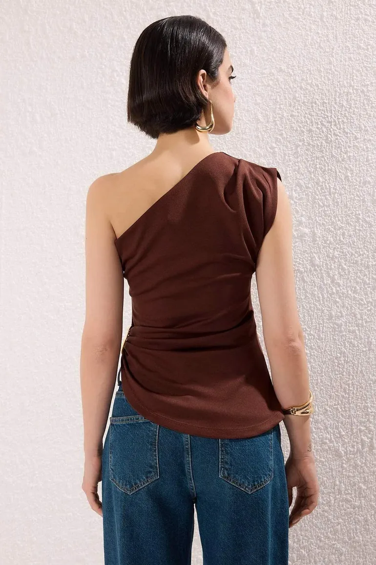 Brown Straight Boat Neck Sleeveless Knitted Scuba Crepe Party Blouse - 2