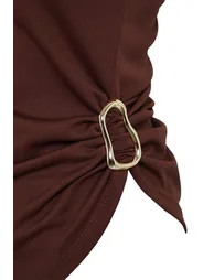 Brown Straight Boat Neck Sleeveless Knitted Scuba Crepe Party Blouse - 5