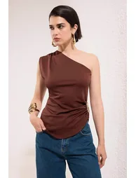 Brown Straight Boat Neck Sleeveless Knitted Scuba Crepe Party Blouse