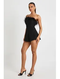 Feather Trim Flippy Playsuit - black
