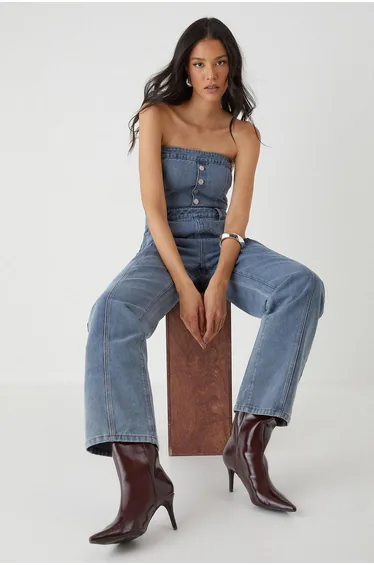 Bandeau Button Up Denim Jumpsuit