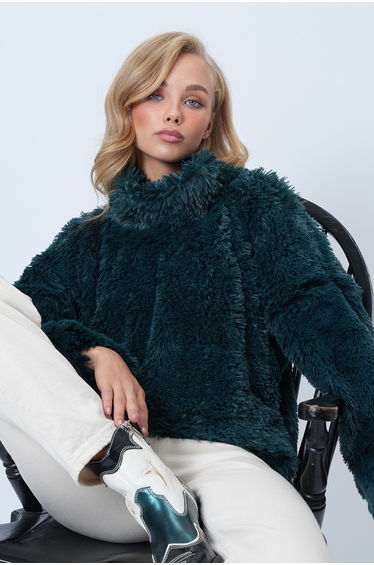 Women's Petrol Green Mock Neck Furry Plush Blouse