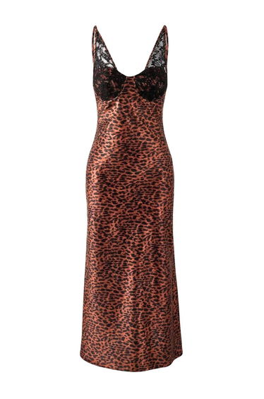 Brown Animal Lace Detailed Woven Satin Midi Unlined Stylish/Evening Dress