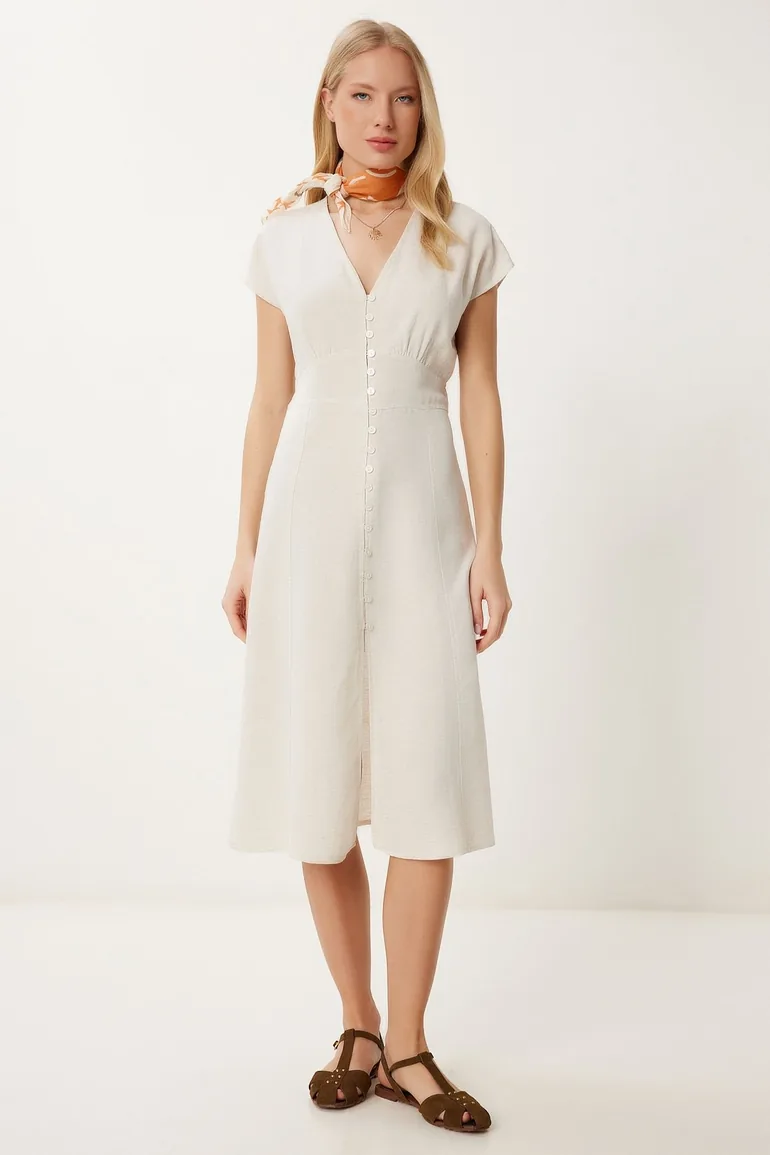 Women's Cream Button Detailed Slit Linen Dress Happiness Stanbul Cream :  Day Dresses : VogaCloset Qatar