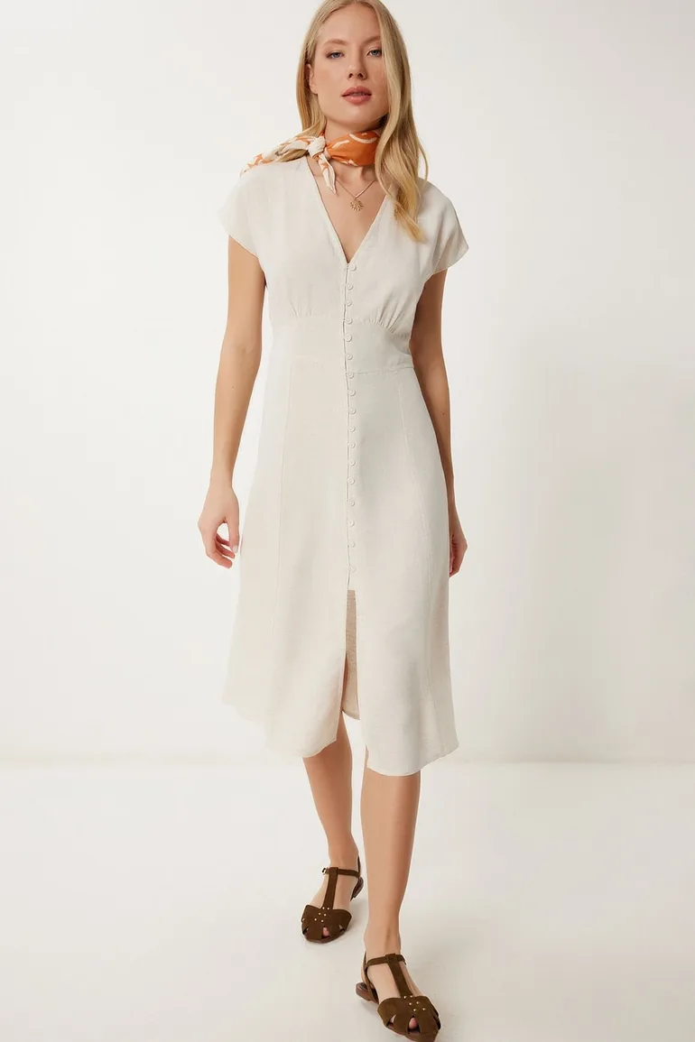 Women's Cream Button Detailed Slit Linen Dress Happiness Stanbul Cream : Day Dresses : VogaCloset Oman Women's Cream Button Detailed Slit Linen Dress Happiness Stanbul Cream : Day Dresses : VogaCloset Oman