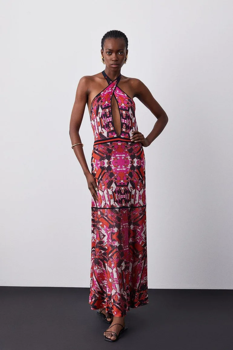 Slinky Knit Jacquard Geo Maxi Column Dress